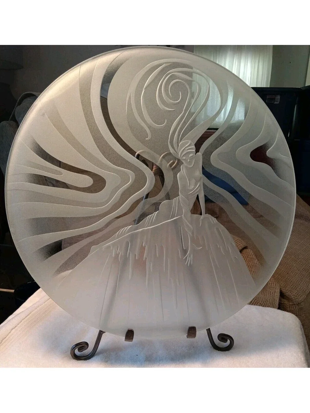 Postmodern Deep Carved Sandblasted Art Glass Charger Platter Lady Silhouette...